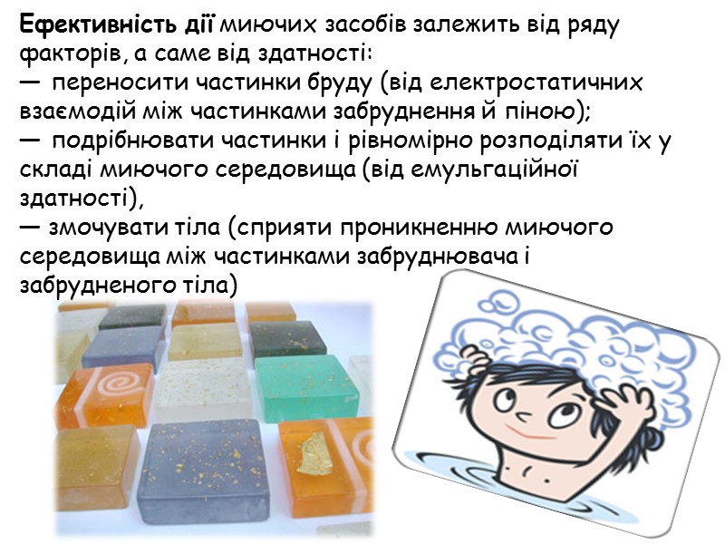 Ефективність дії миючих засобів залежить від ряду факторів, а саме від здатності: — переносити